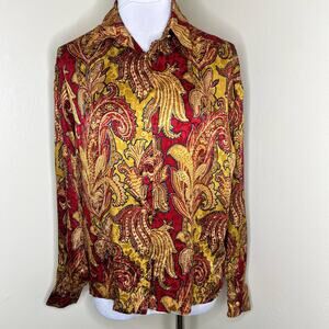 Vintage Designer Silk Top 8 Womens Victorian Luxury Gold Royalty Red Paisley LS